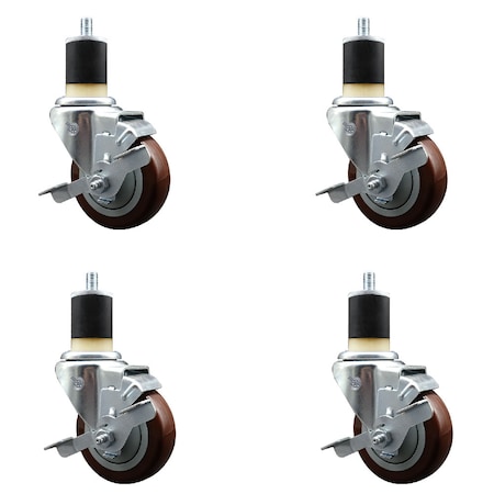 Service Caster 3.5'' SS Maroon Poly Swivel 1-7/8'' Expanding Stem Caster Set with Brake, 4PK SCC-SSEX20S3514-PPUB-MRN-TLB-178-4